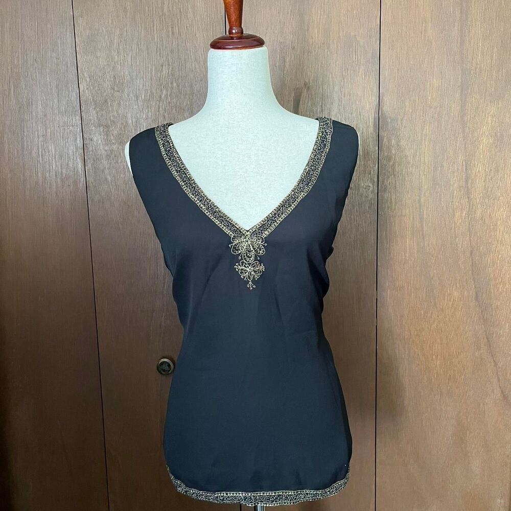 Ralph Lauren Women's Black and Gold Beaded Blouse